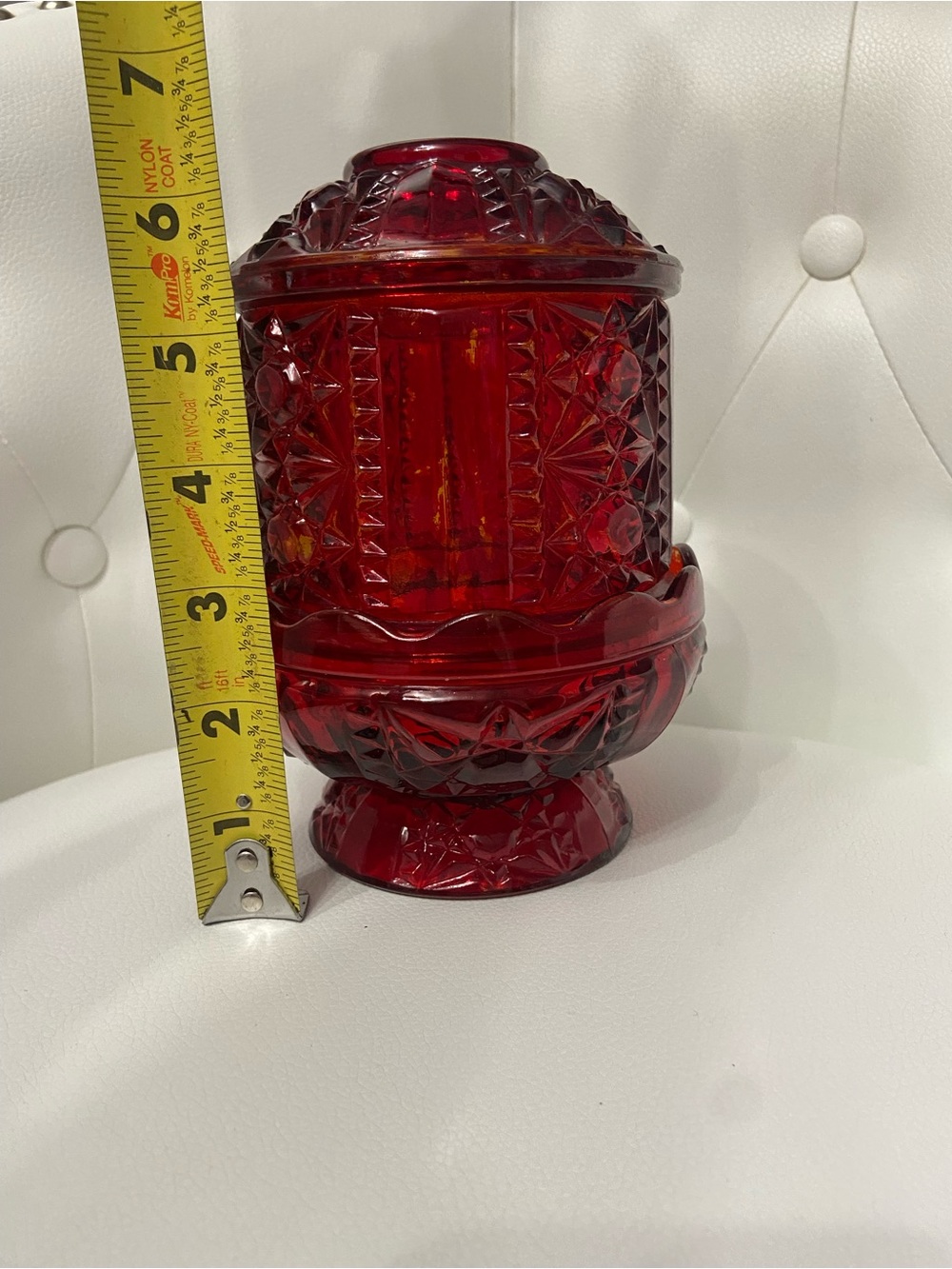 Vintage INDIANA GLASS Fairy Lamp Ruby Flash Red over Amber STARS & BARS - Picture 15 of 17